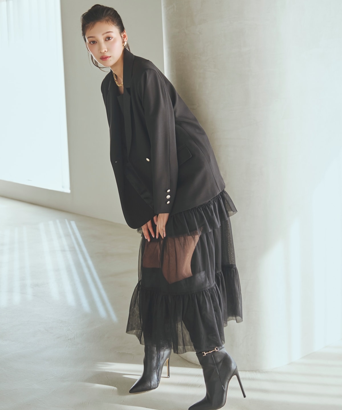 【先行予約受付中】ジャケット×シアーティアードワンピース