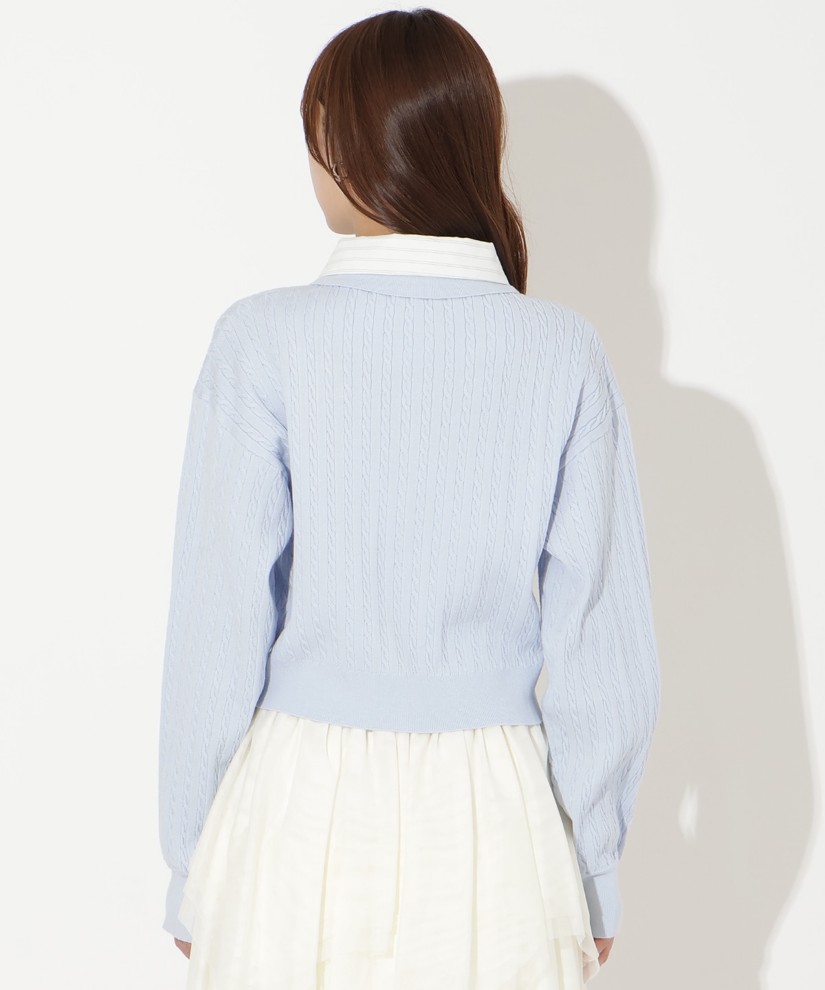 【先行予約受付中】シャツレイヤード風ケーブルカーディガン