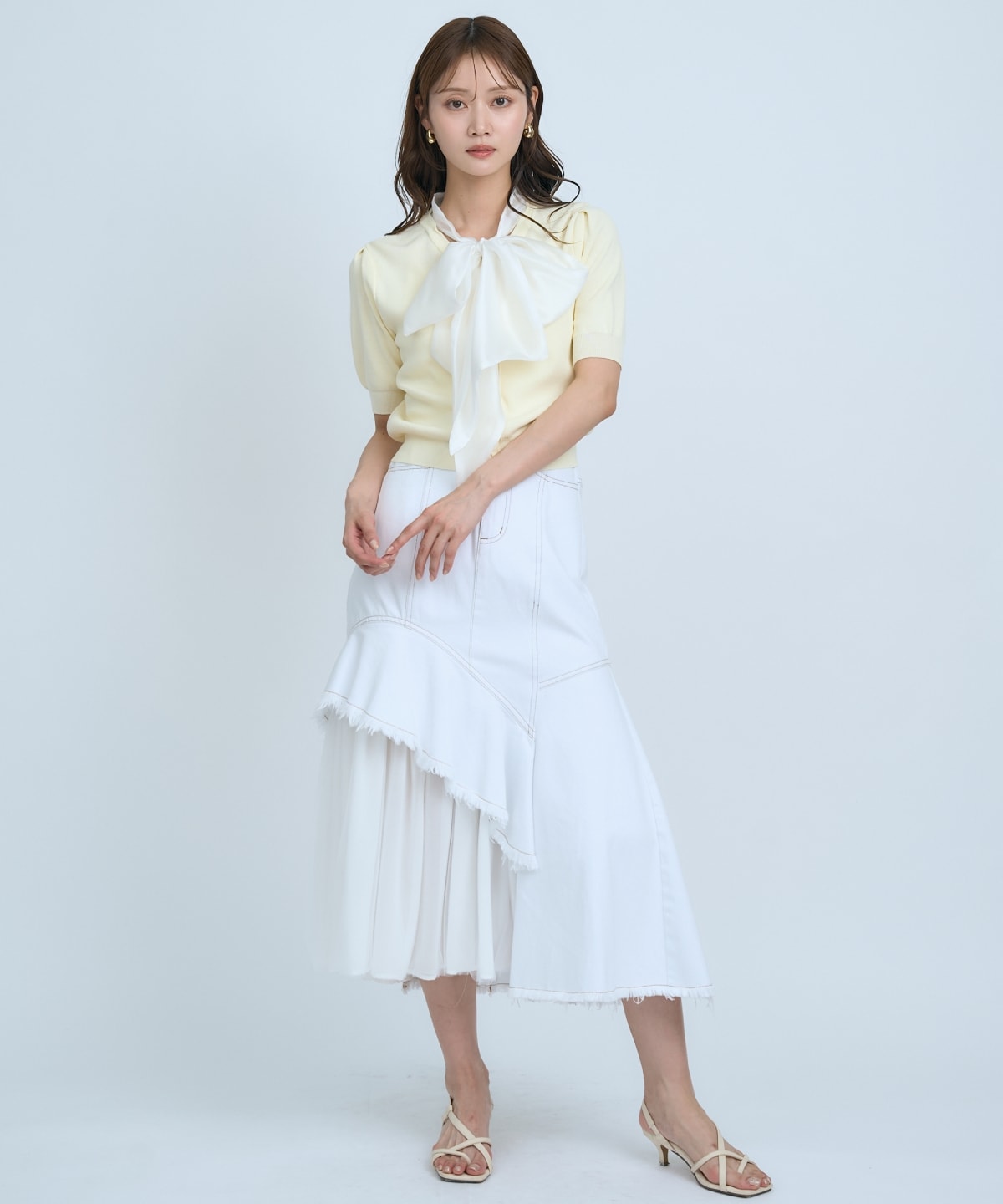 【先行予約受付中】異素材リボン半袖ニットカーディガン