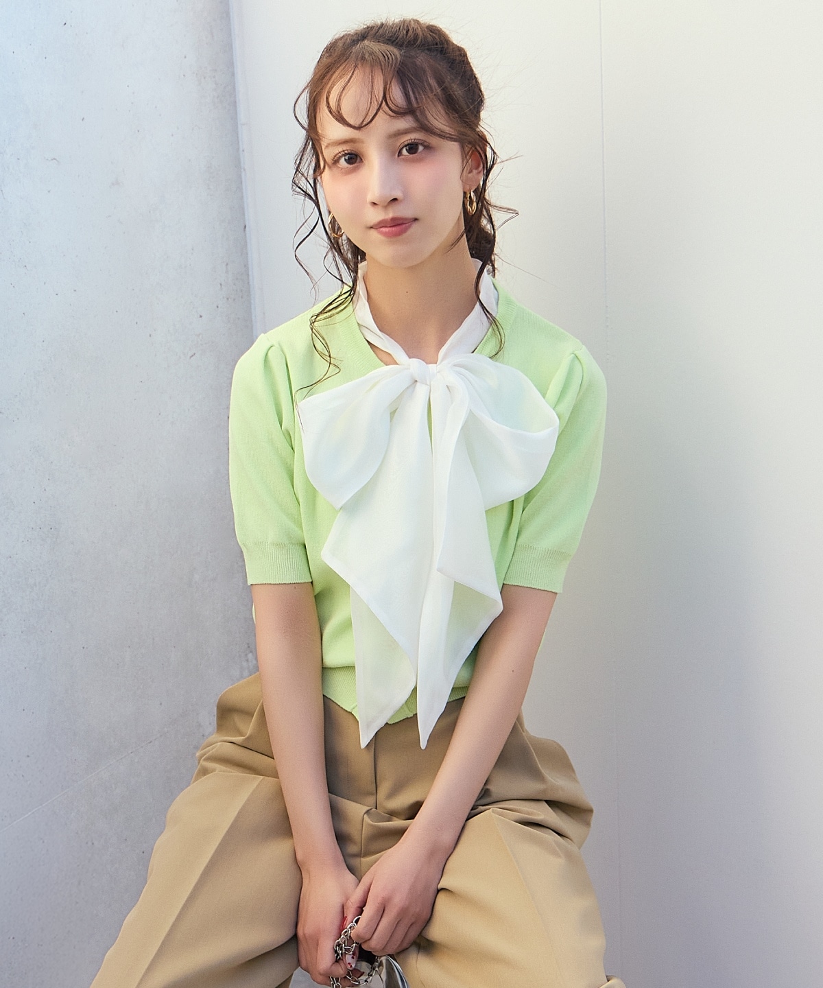 【先行予約受付中】異素材リボン半袖ニットカーディガン