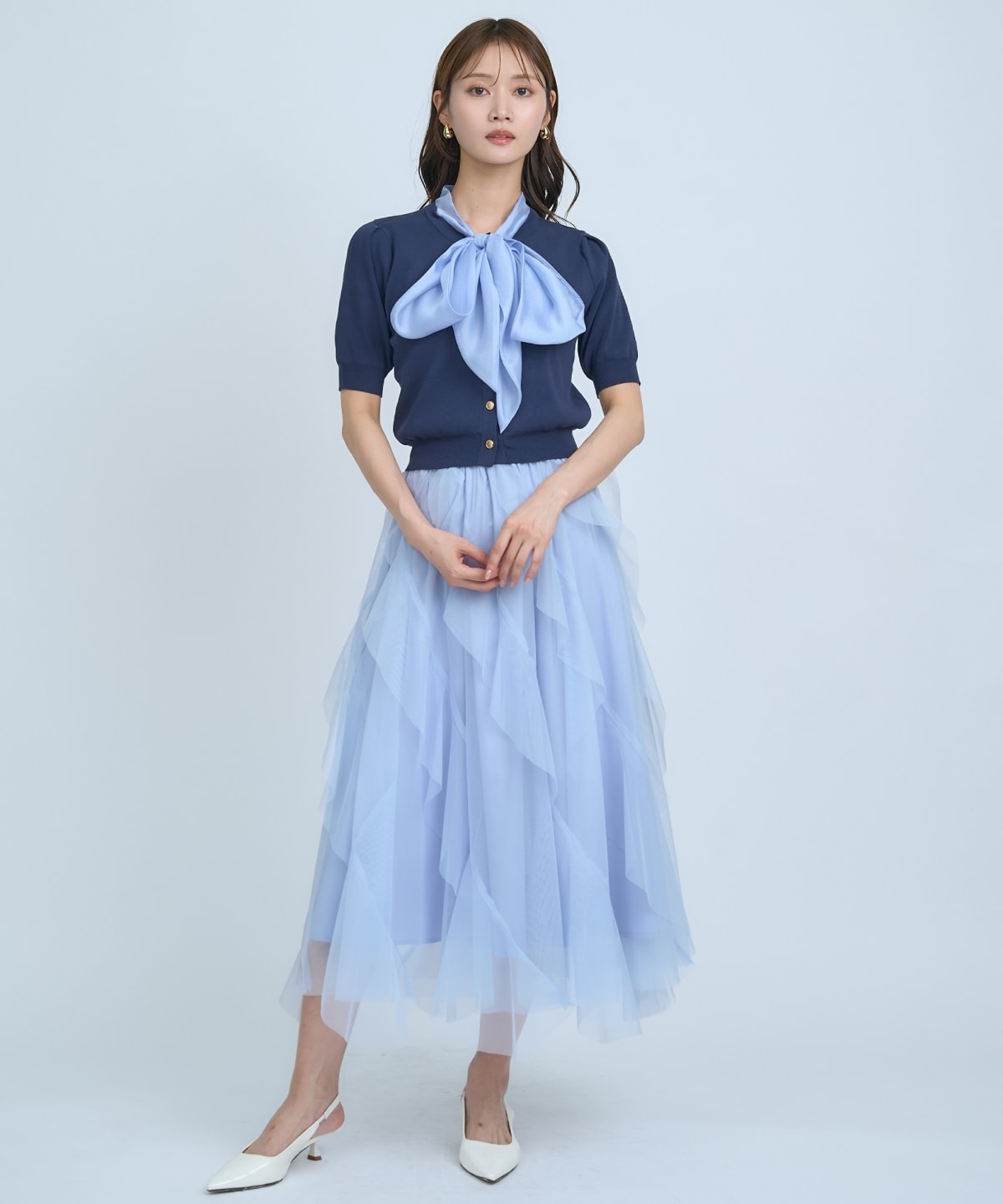 【先行予約受付中】異素材リボン半袖ニットカーディガン