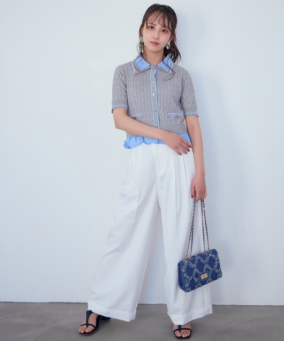 【先行予約受付中】配色シャツ襟ペプラムニットプルオーバー