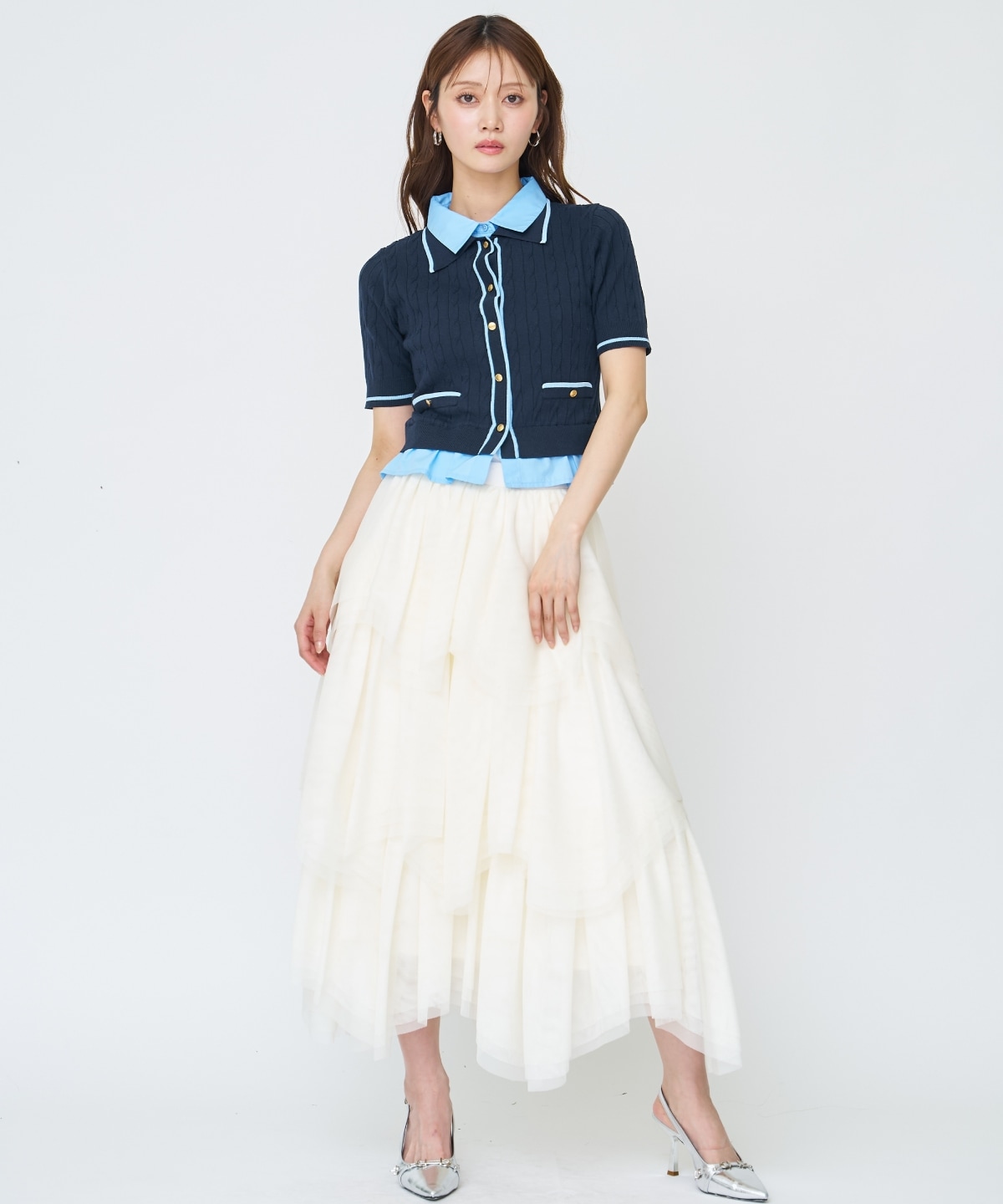 【先行予約受付中】配色シャツ襟ペプラムニットプルオーバー