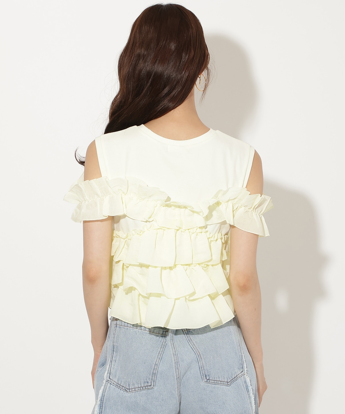 ティアードフリルコンビノースリーブTシャツ