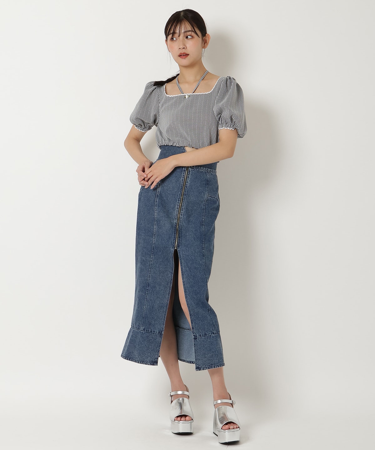 ギンガムチェックパフスリーブブラウス