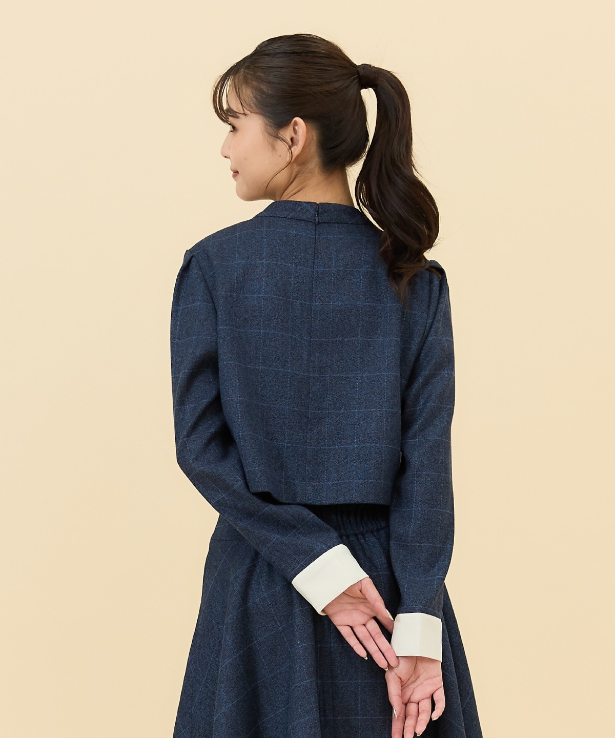 【セットアップ可能】バイカラーチェックスタンドトップス