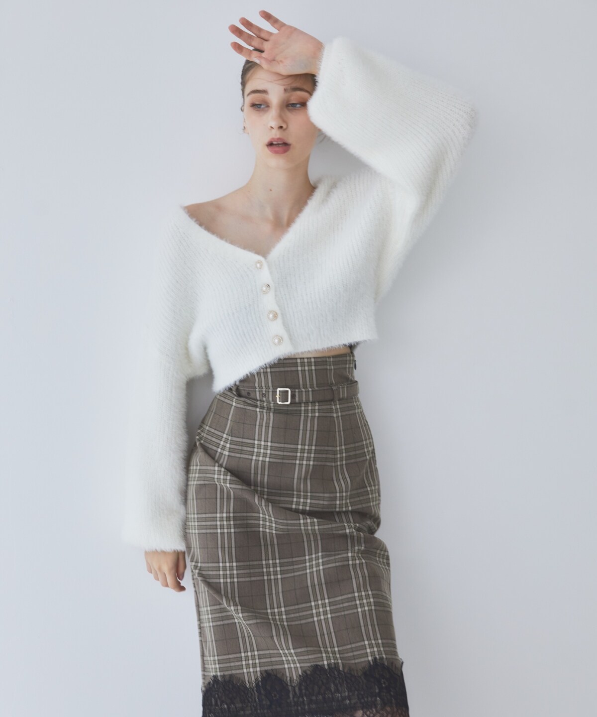 チェック×レースタイトスカート