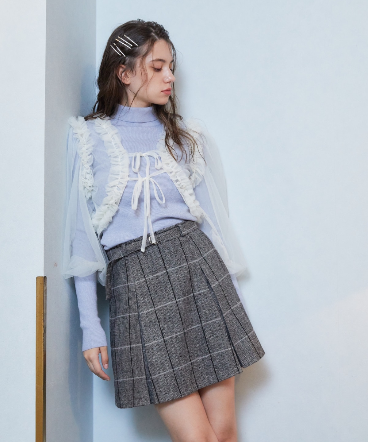 【セットアップ可能】ヘリンボーンチェックタックミニスカート
