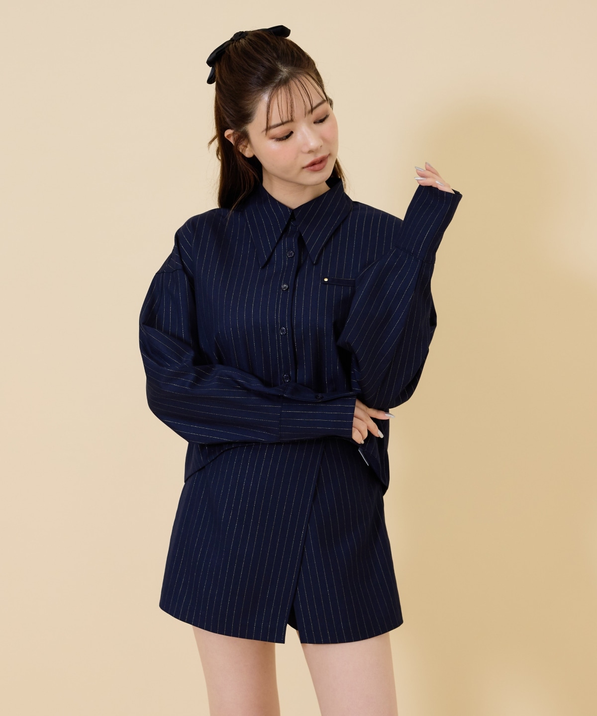 【セットアップ可能】ゴールドラメストライプラップショートパンツ