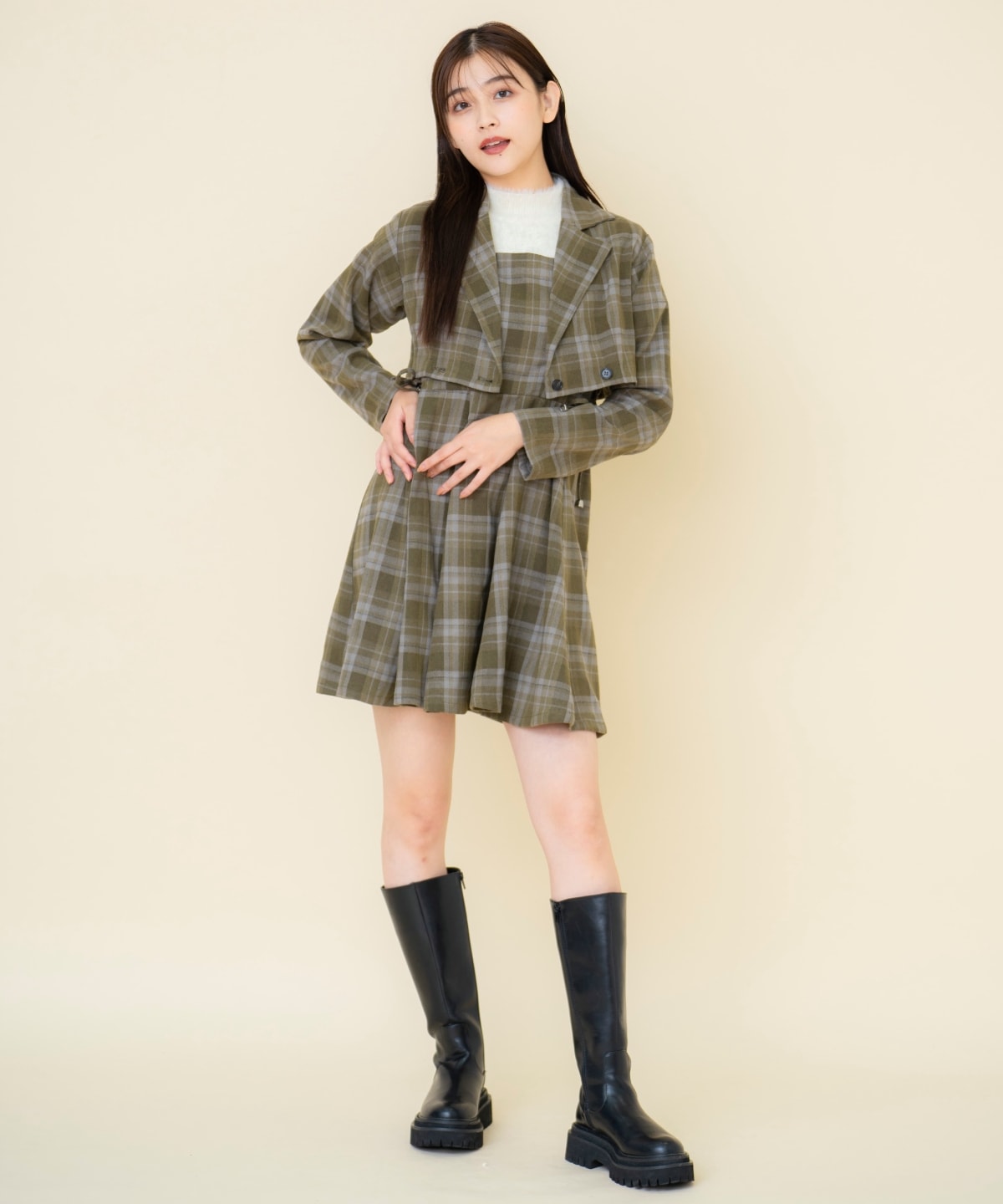 【セットアップ可能】チェックドロストミニワンピース