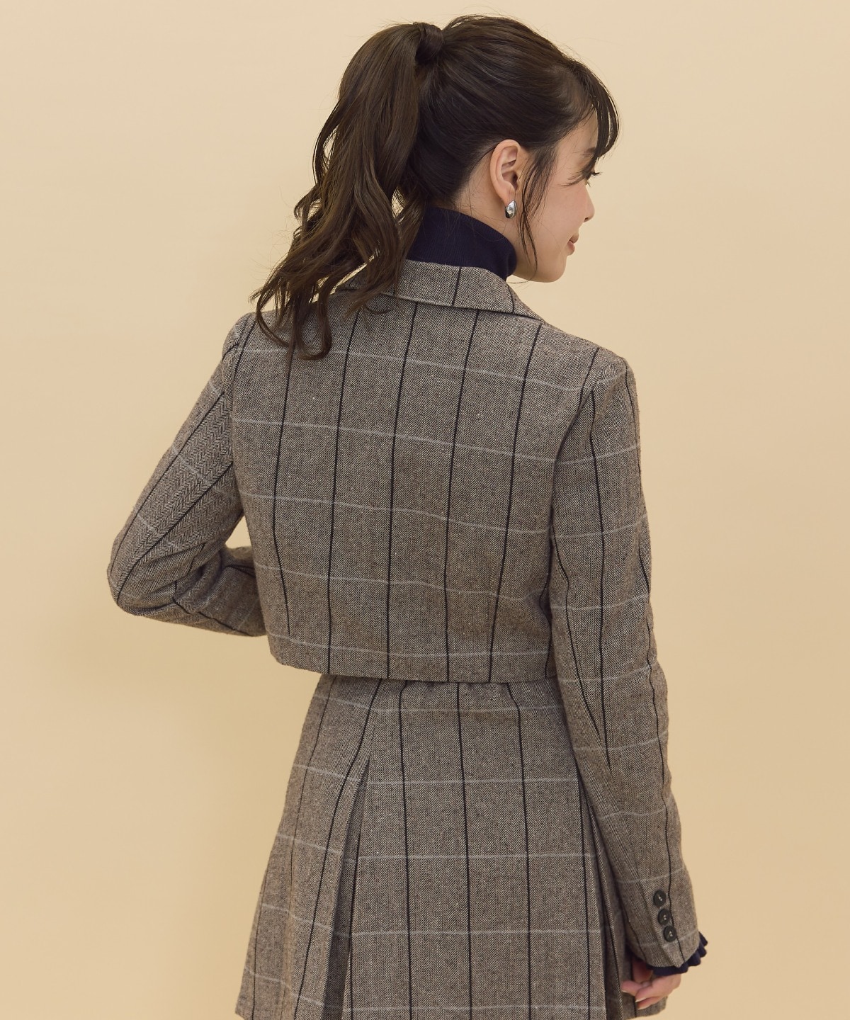 【セットアップ可能】ヘリンボーンチェックテーラーショートジャケット