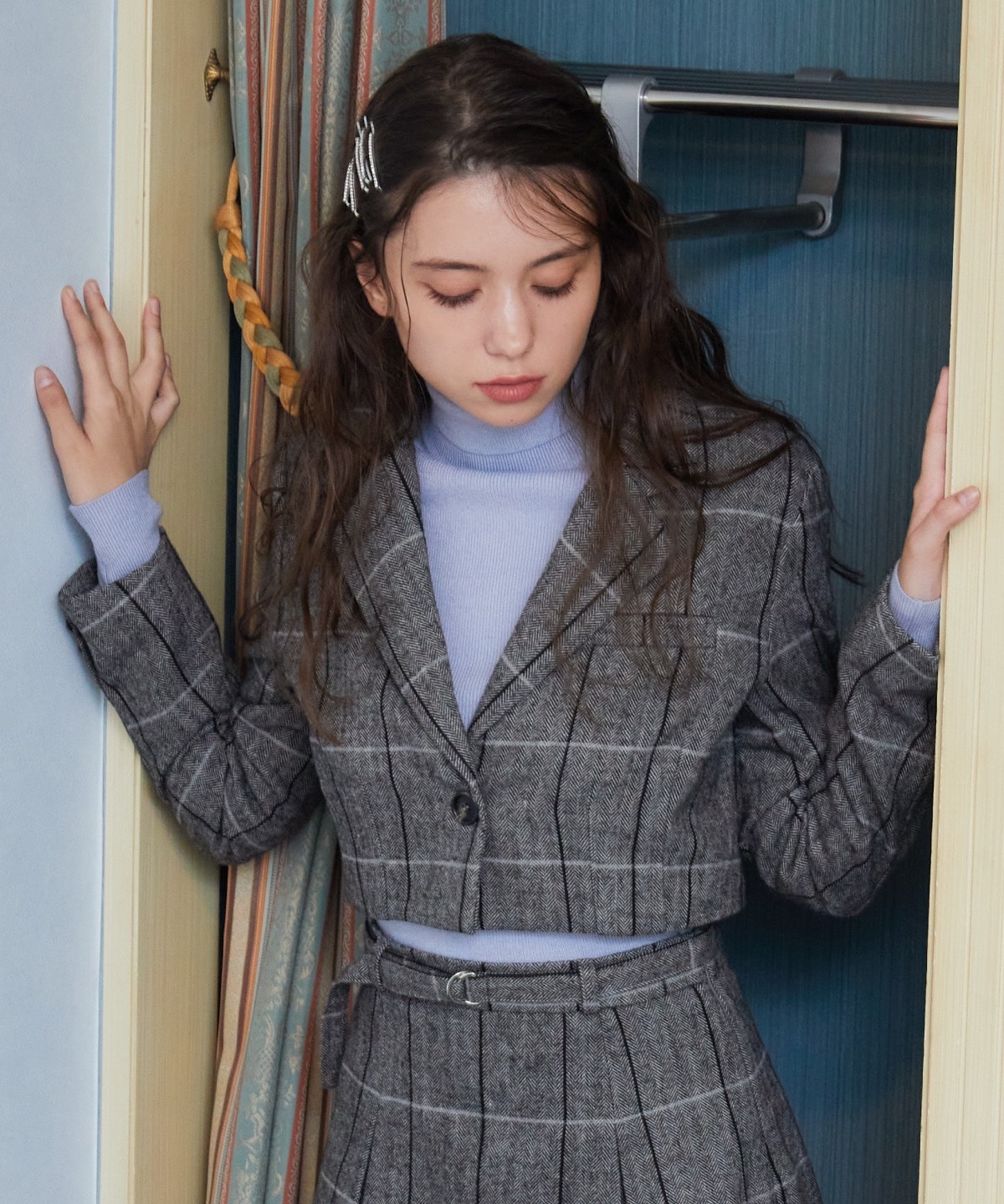 【セットアップ可能】ヘリンボーンチェックテーラーショートジャケット