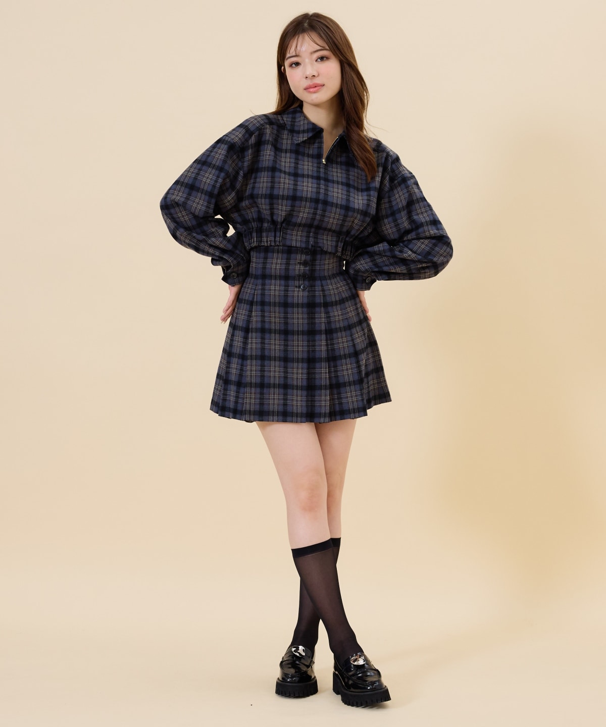 【セットアップ可能】フロントジップチェックショートブルゾン