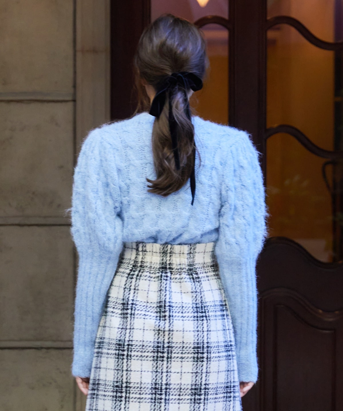 ケーブルパフスリーブニットトップス