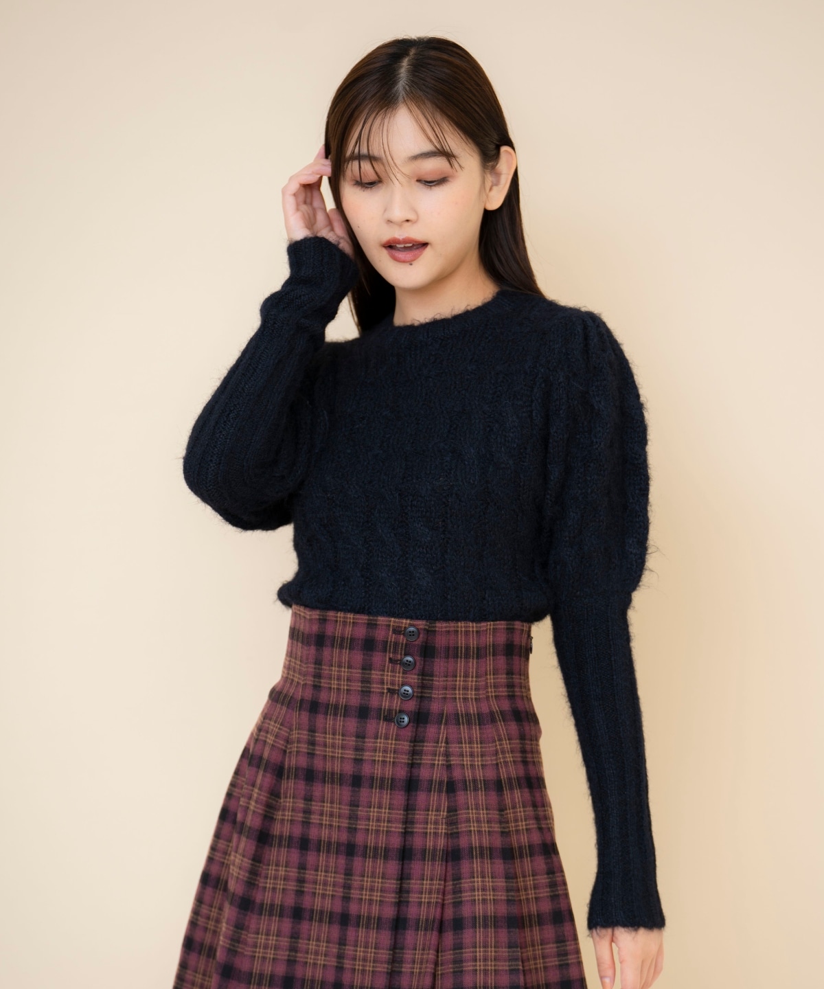 ケーブルパフスリーブニットトップス