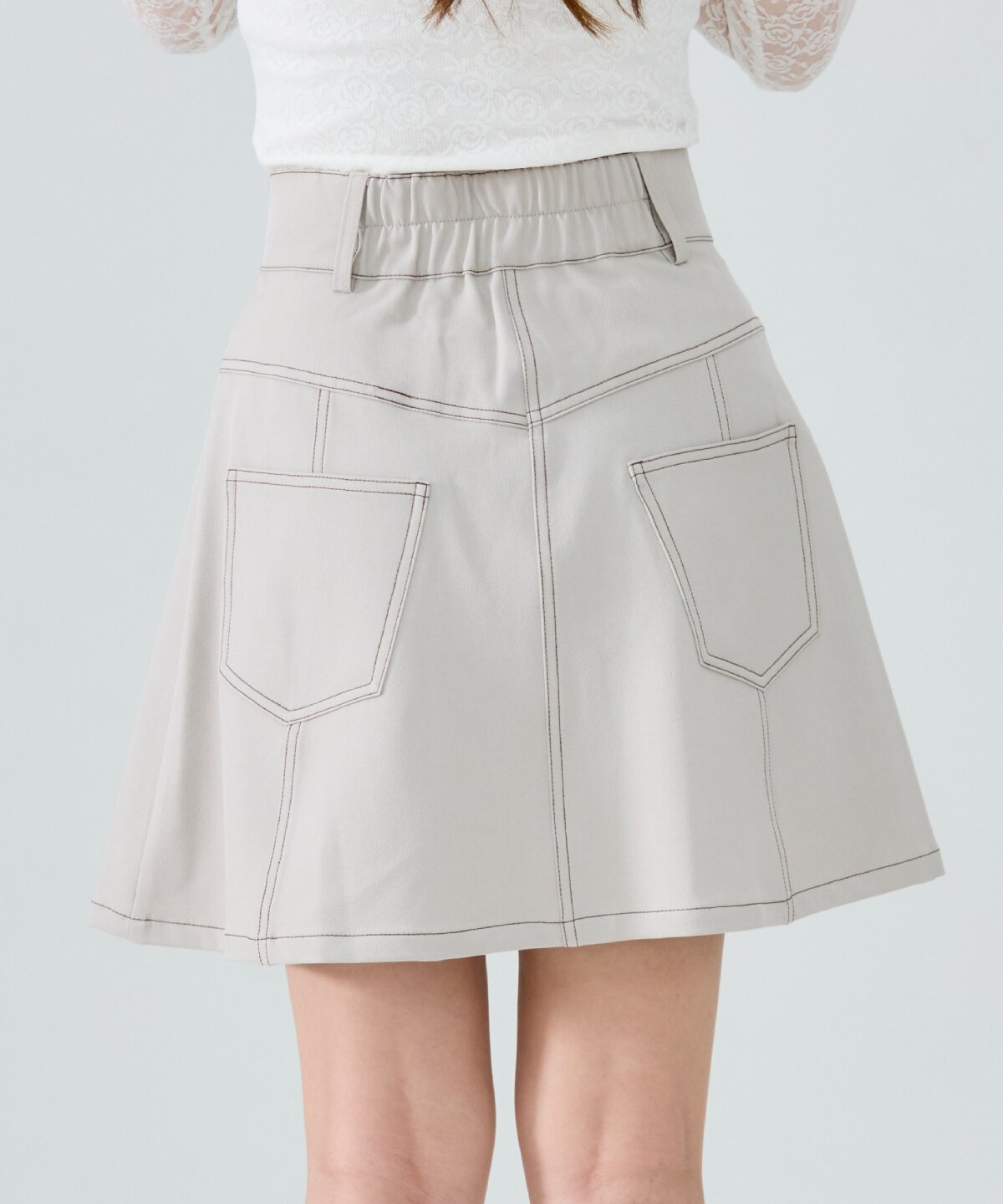 【セットアップ可能】バイカラーステッチフレアミニスカート