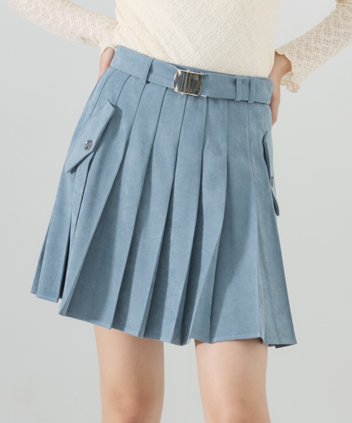 【セットアップ可能】ベルテッドプリーツミニスカート