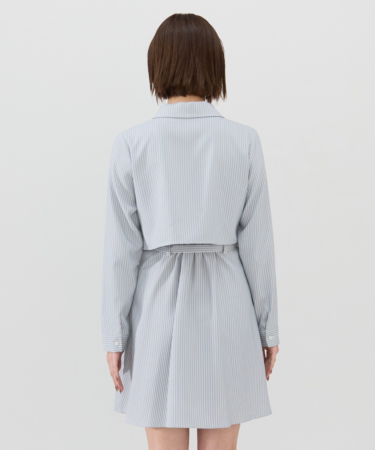 フロントシャーリングシャツ＆ストライプミニワンピースセット