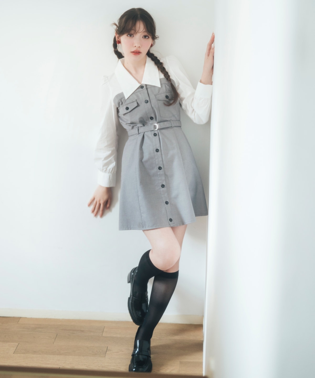 レイヤードデザインミニシャツワンピース