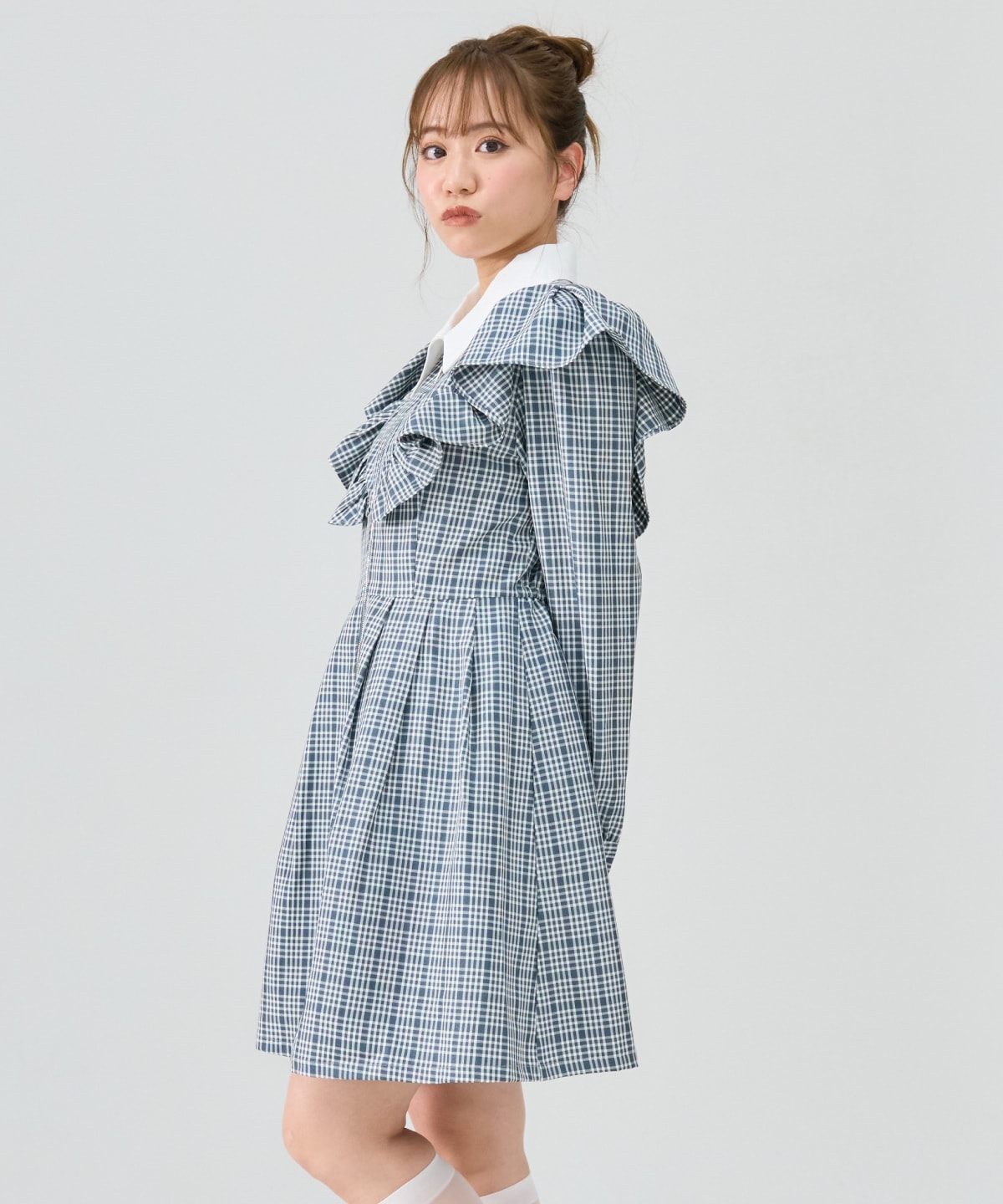 チェックフロントジップフリルミニシャツワンピース