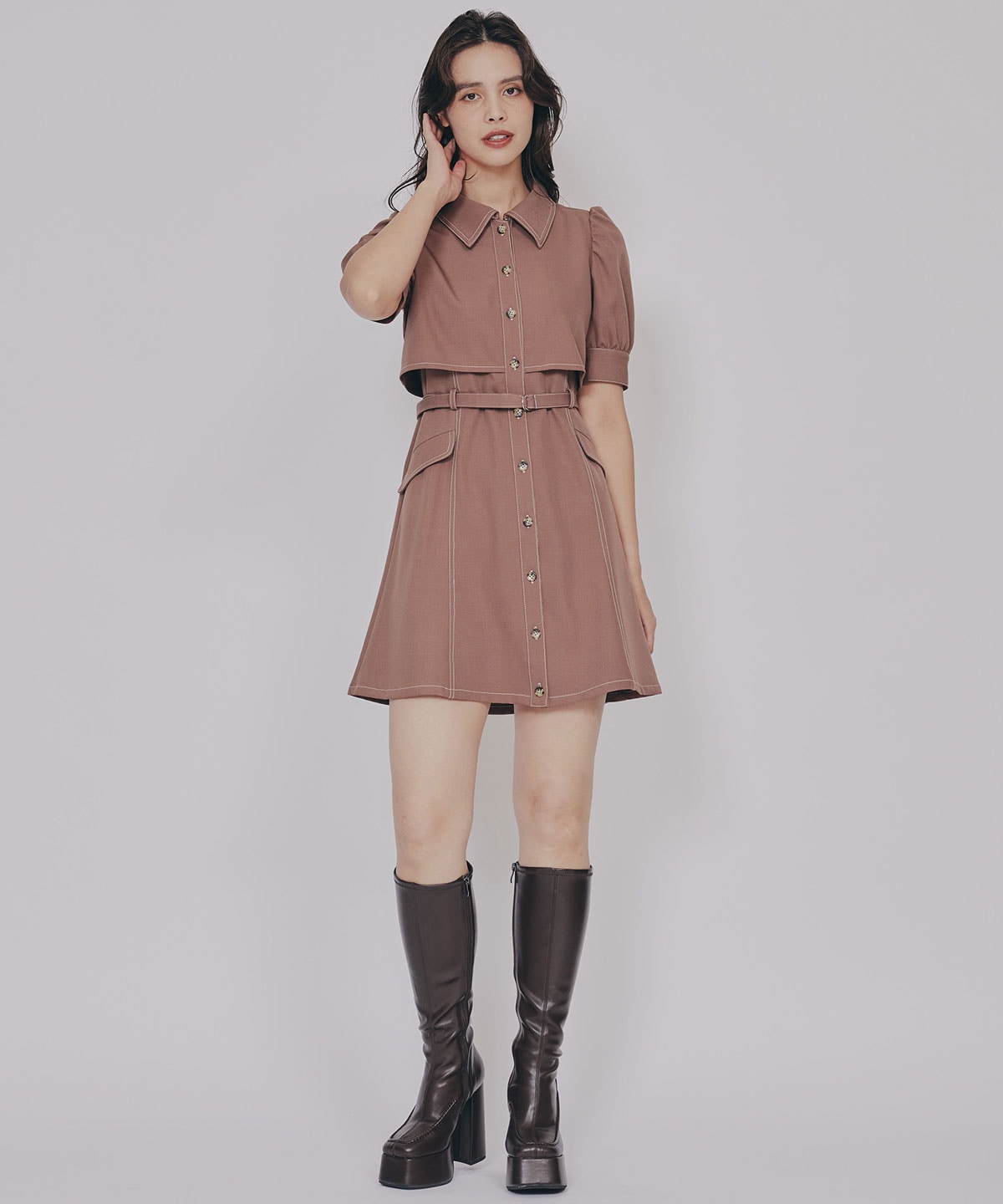 レイヤードデザインバイカラーステッチミニシャツワンピース