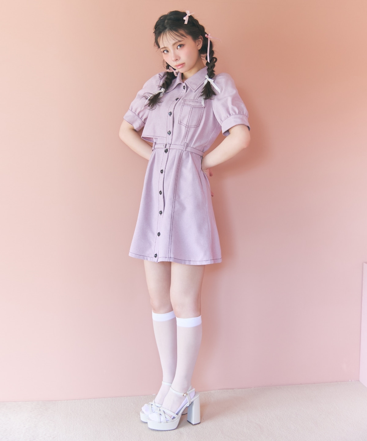 バイカラーステッチアシメデザイン半袖ミニワンピース