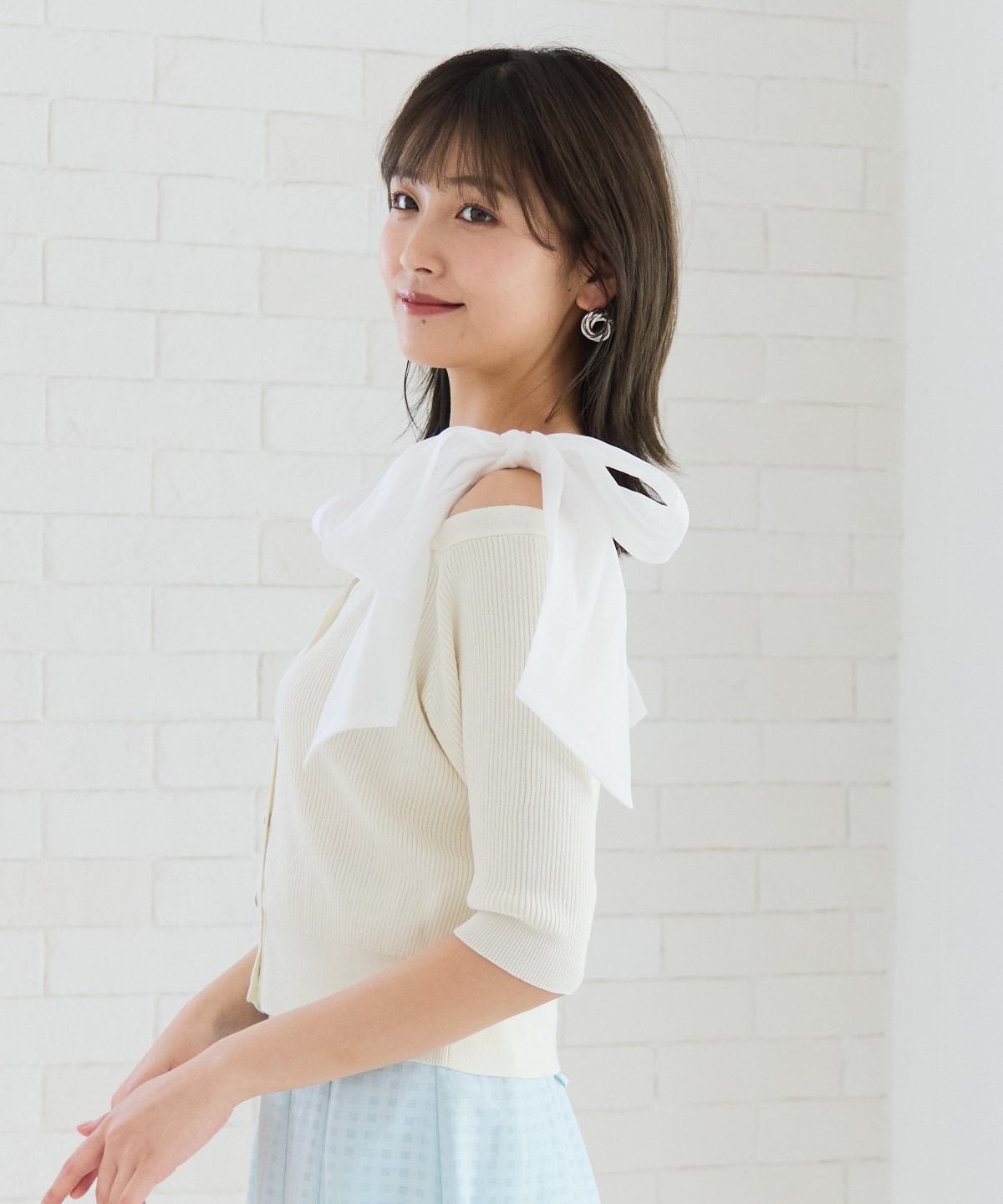 ショルダーリボンオフショルニットトップス