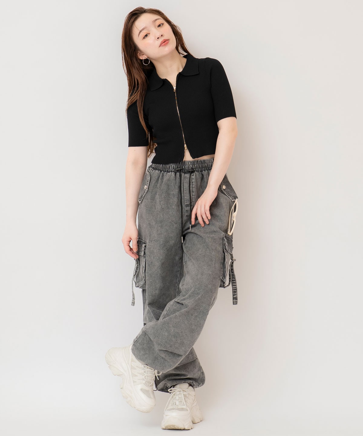 ZIPリブニットトップス