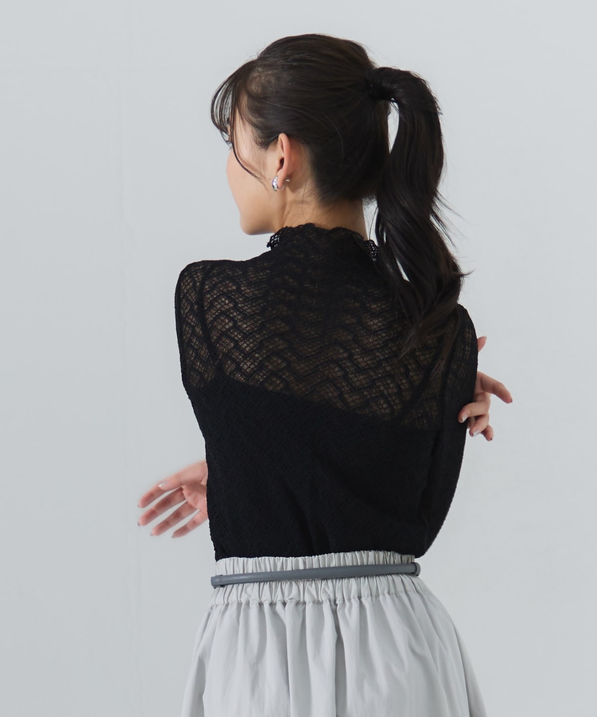 チェックレースハイネックトップス