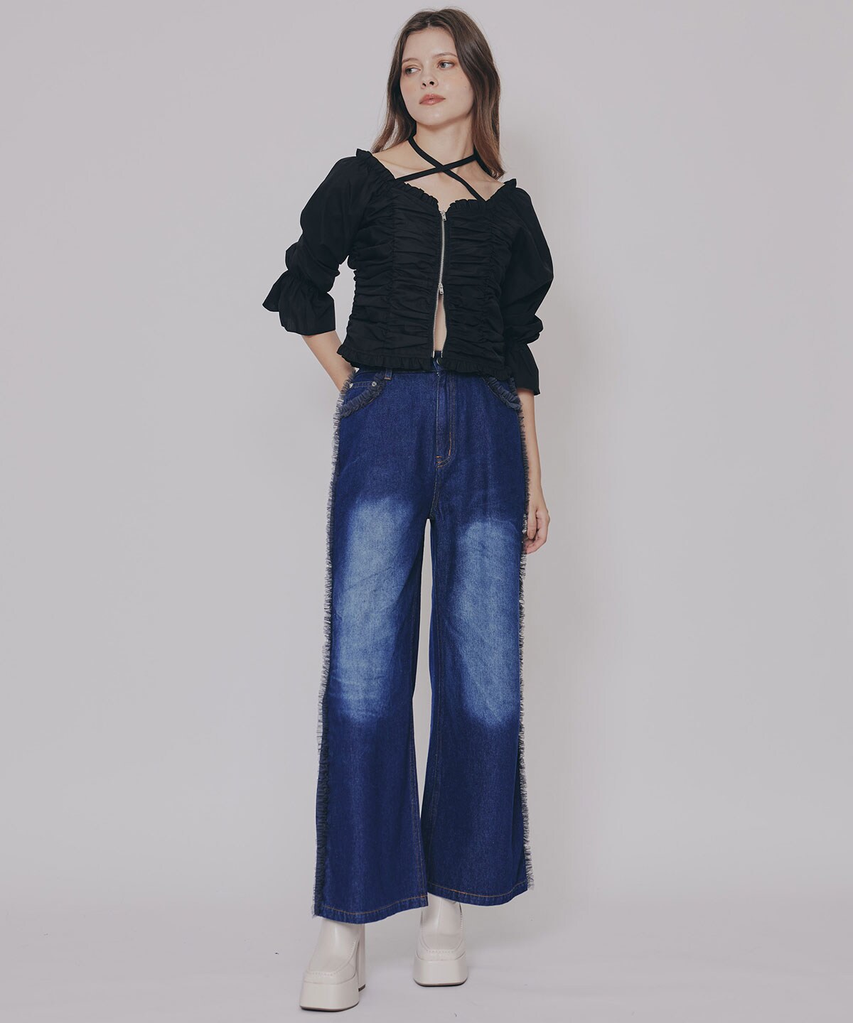 フロントZIPクロスギャザーブラウス