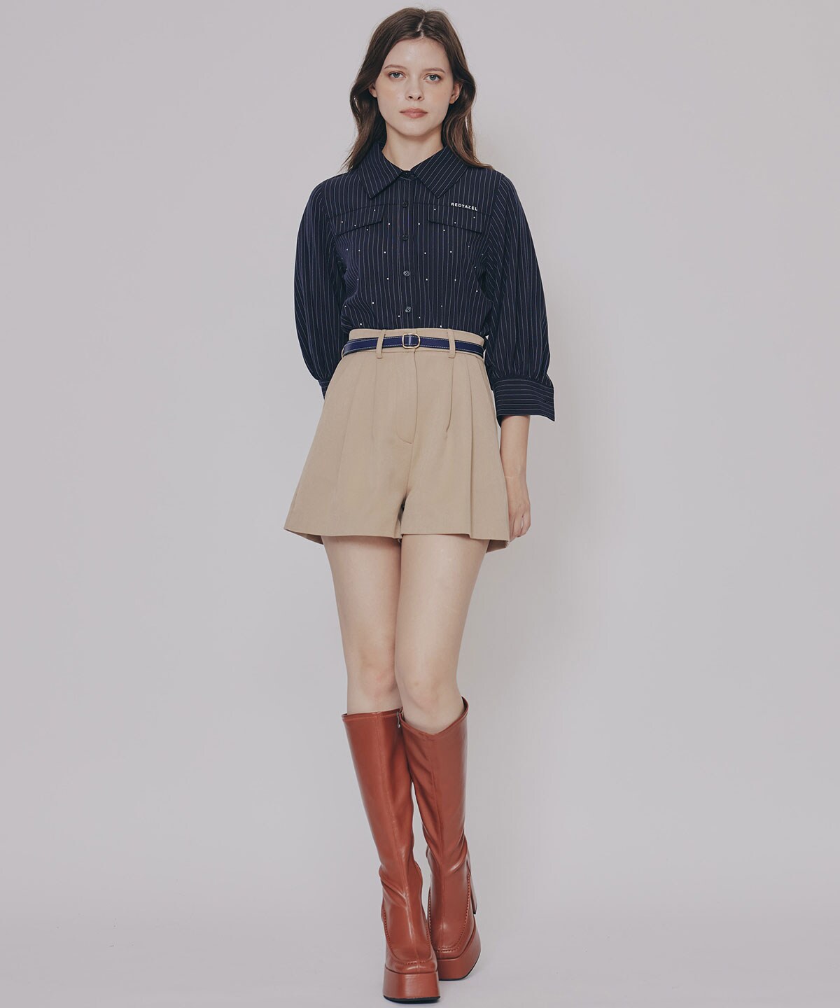 ビジューロゴストライプシャツブラウス