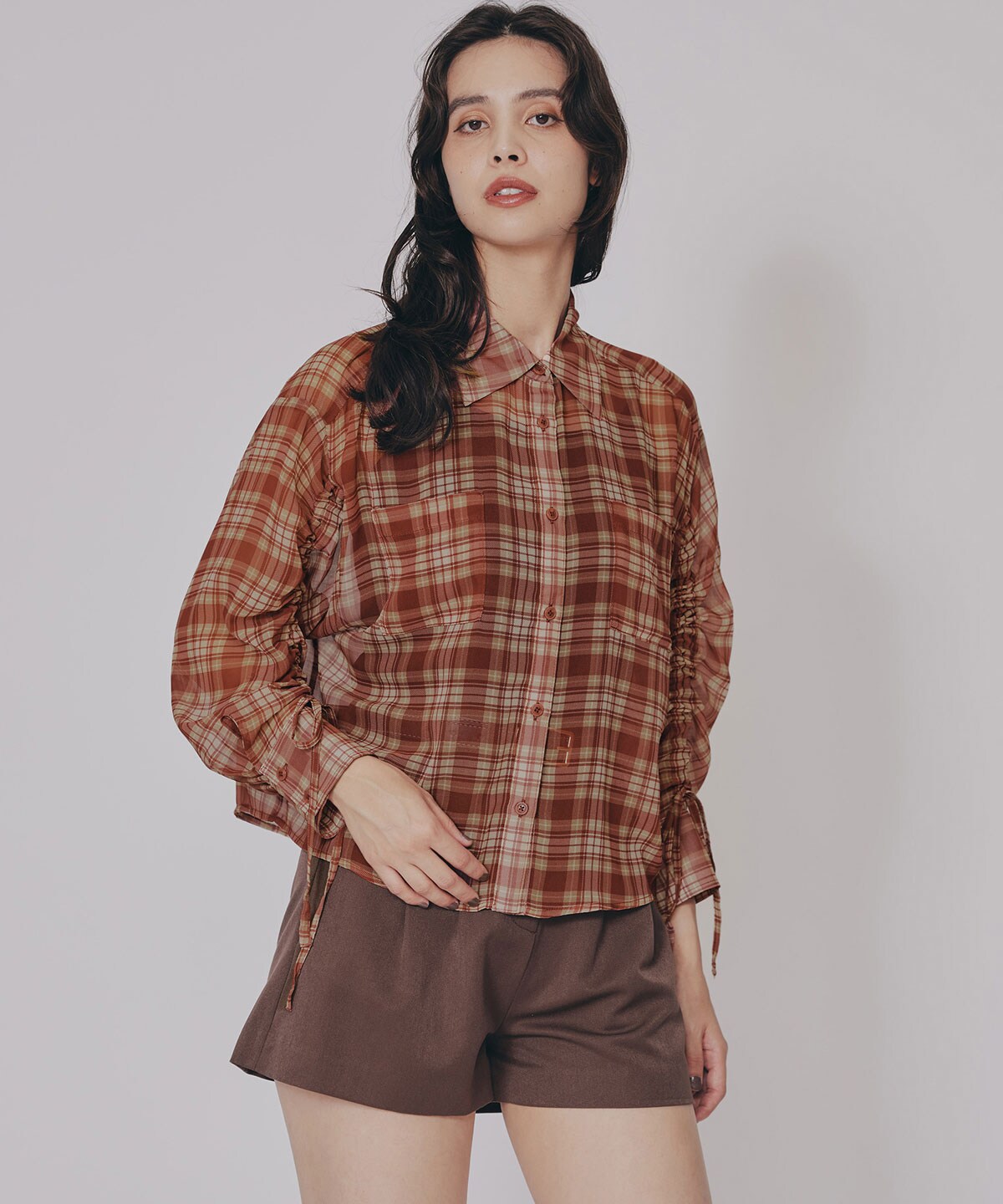 シアーチェックドロストスリーブシャツ