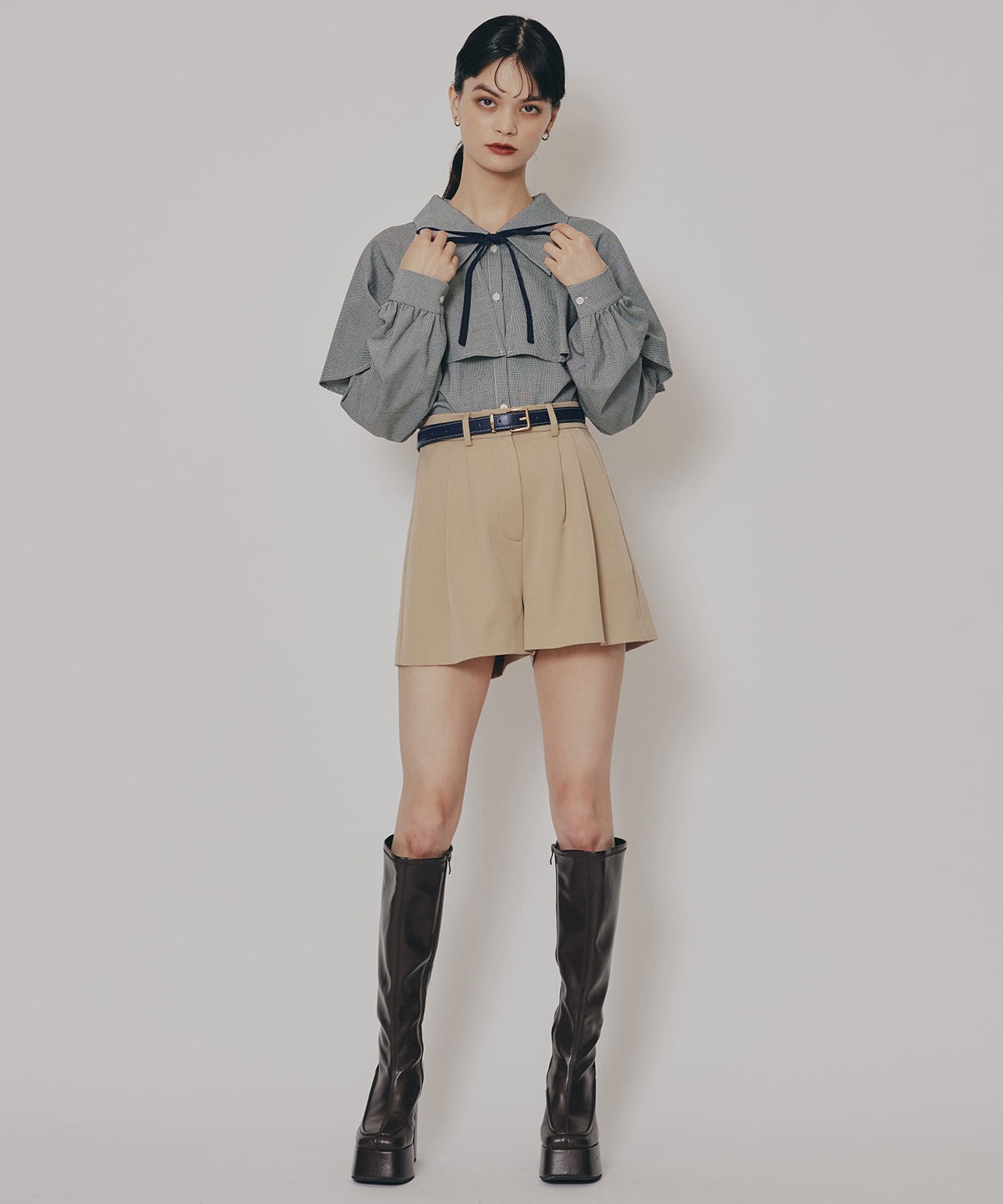 ケープライクグレンチェックリボンタイブラウス