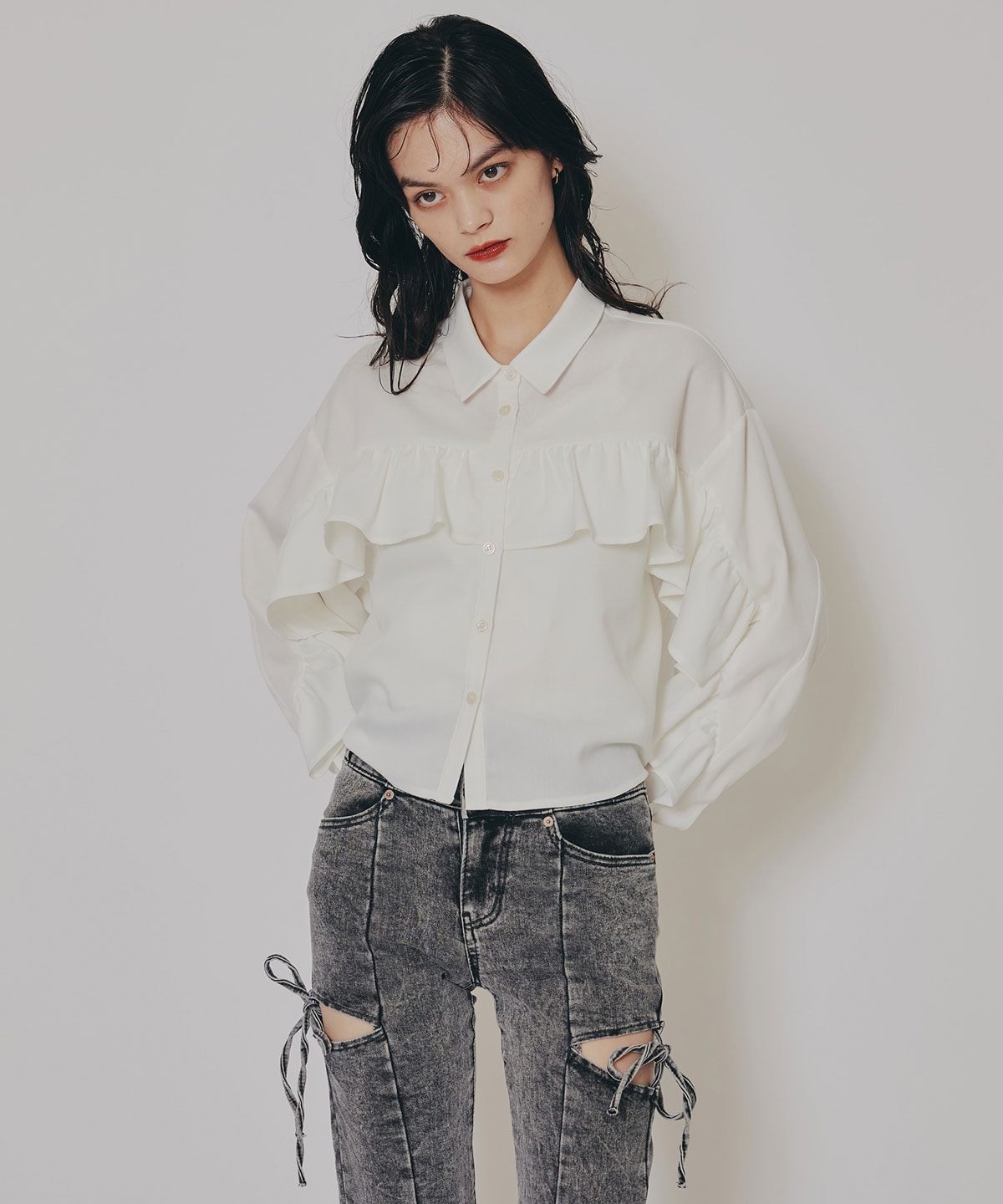 フリルラインストライプブラウス