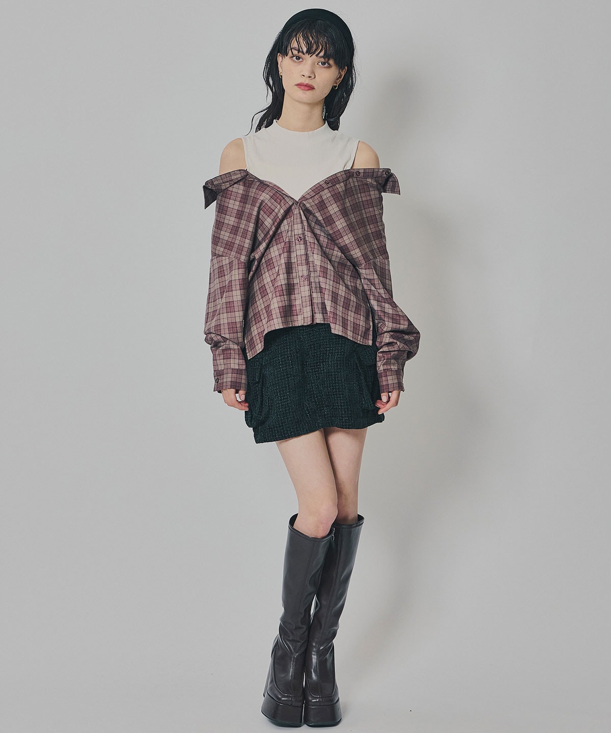 マルチウェイオフショルチェックシャツ×タンクトップ
