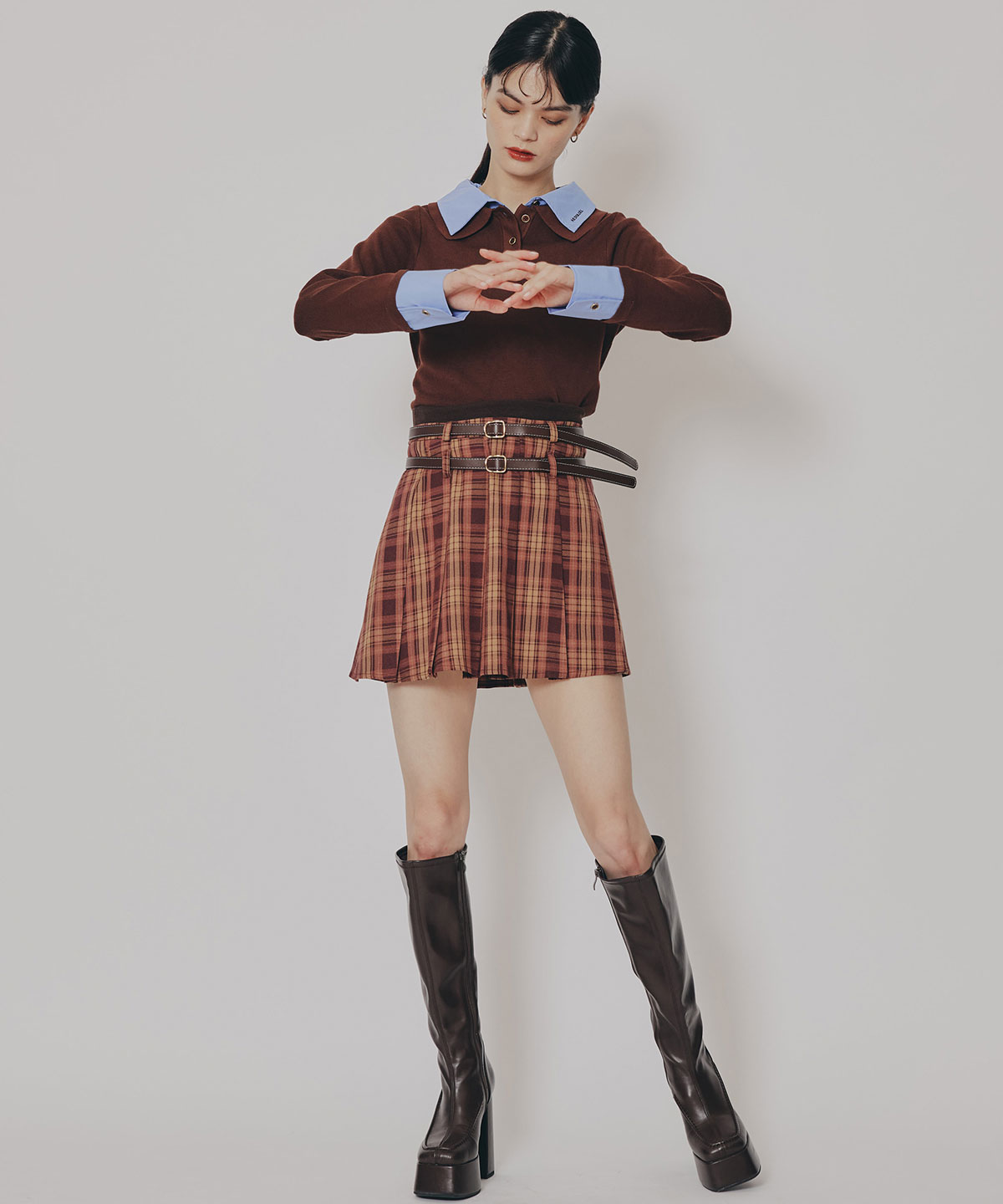 ダブルベルトチェックプリーツミニスカート