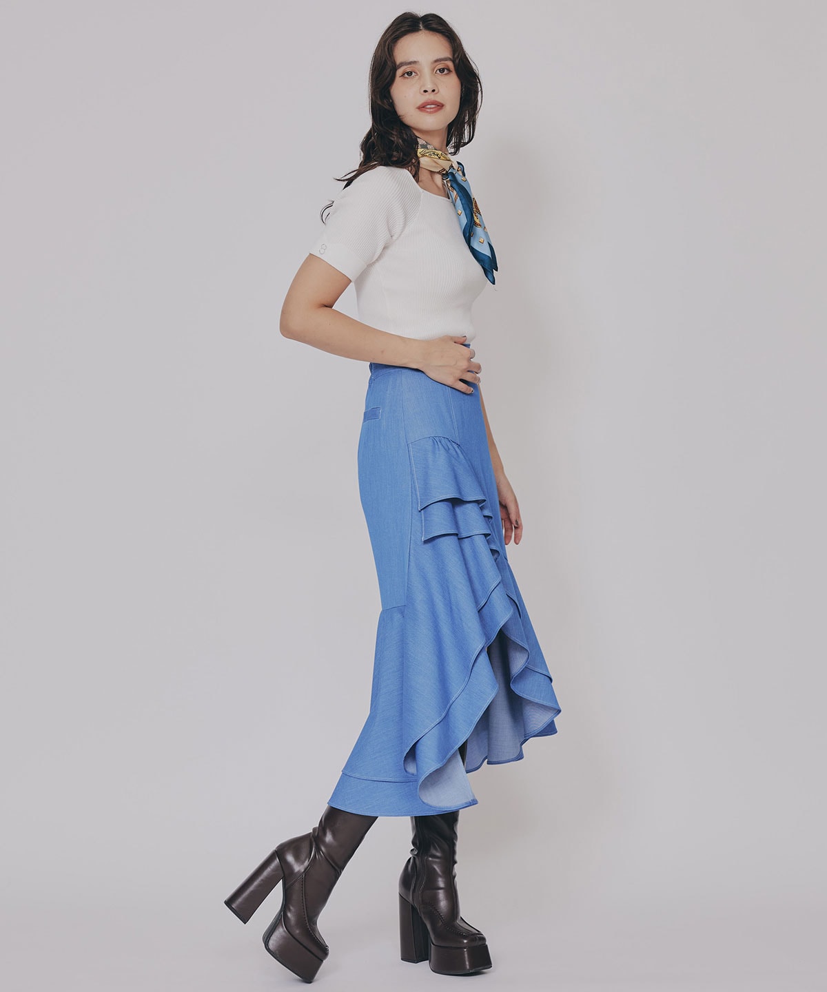 アシメフリルデニムライクティアードスカート