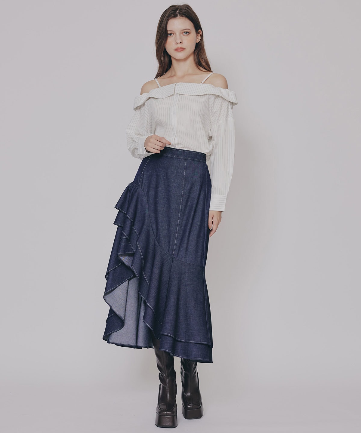 アシメフリルデニムライクティアードスカート