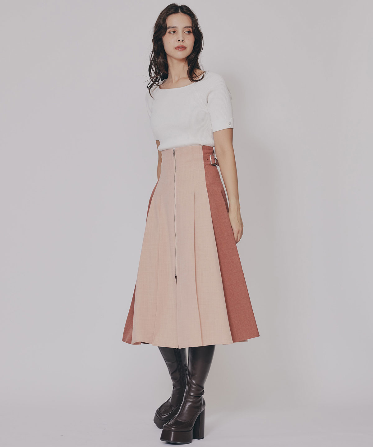 フロントジップバイカラーミディスカート