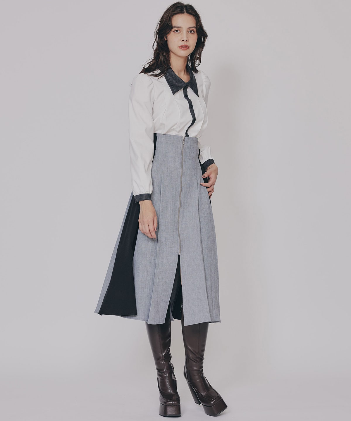 フロントジップバイカラーミディスカート