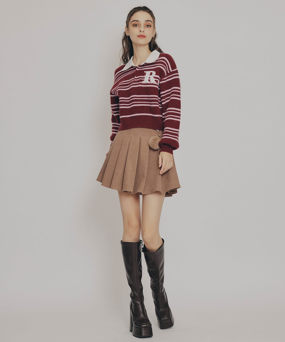 ファーチャームウールライクプリーツミニスカート