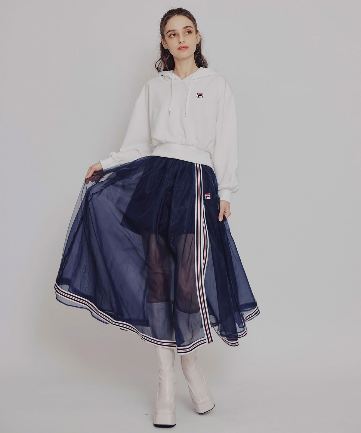 ［FILA×REDYAZEL］チュールレイヤードショートパンツ×トリコロールラインスリットロングスカート