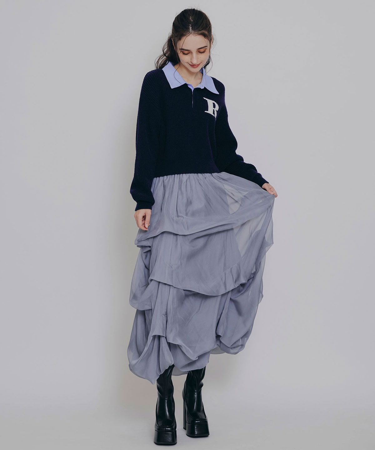 タックバルーンボリュームシフォンロングスカート