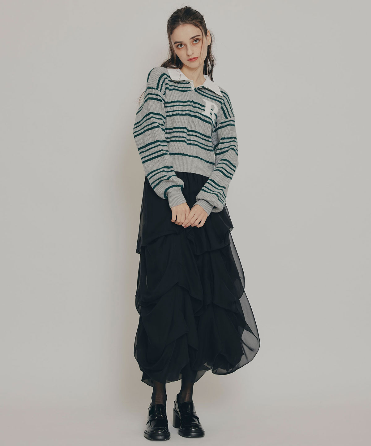 タックバルーンボリュームシフォンロングスカート