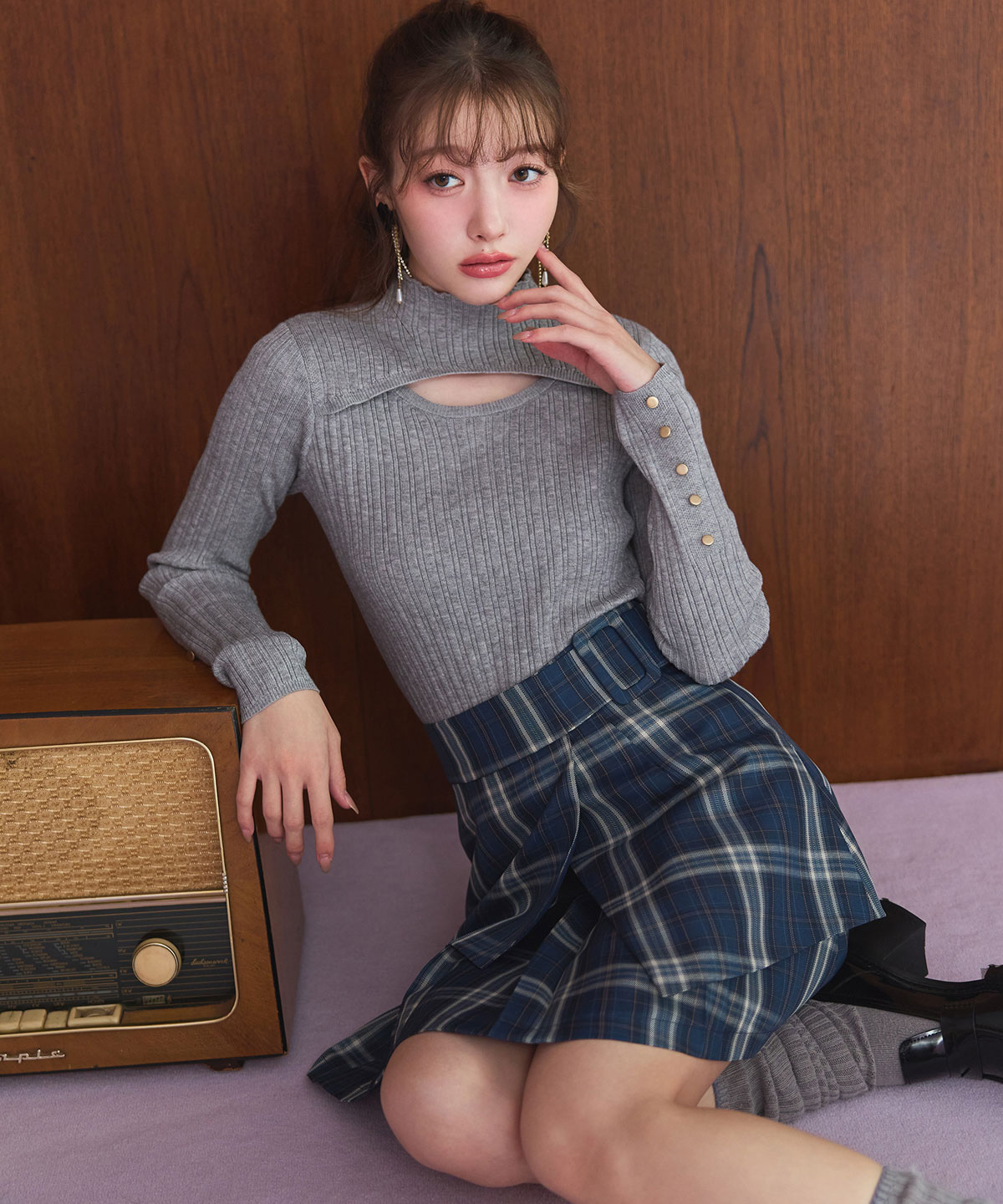 レイヤードライクチェックプリーツミニスカート