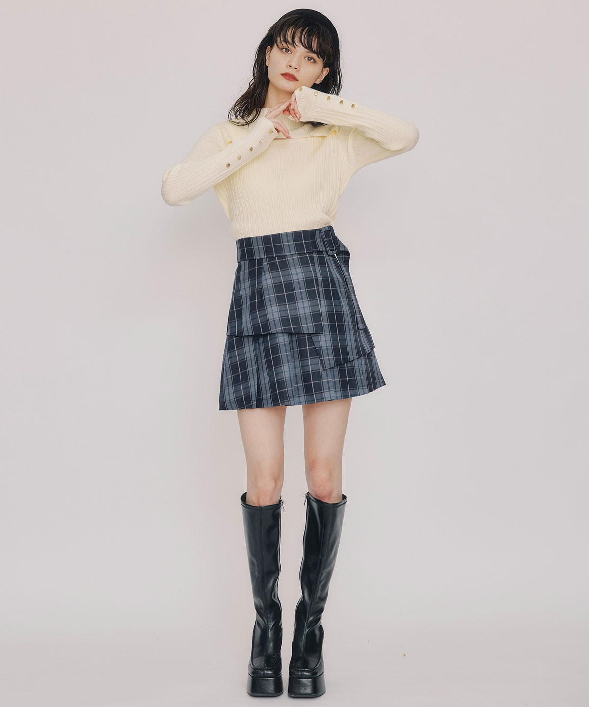 レイヤードライクチェックプリーツミニスカート