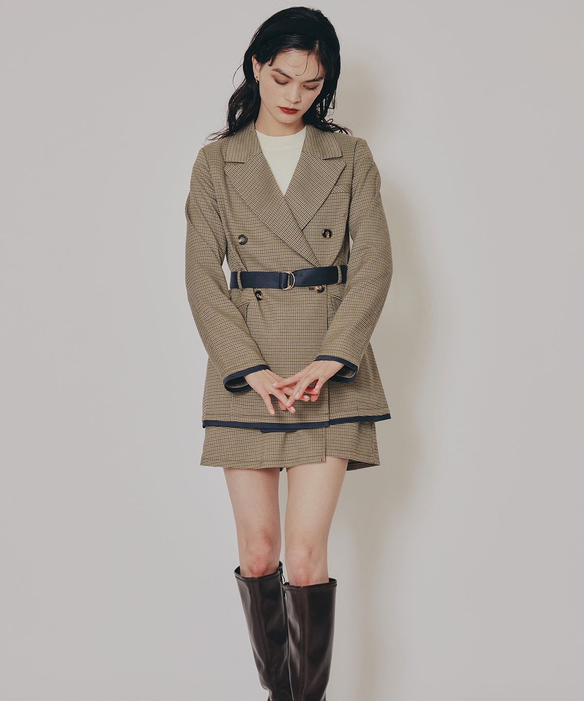 【セットアップ可能】グレンチェックミニラップスカートライクショートパンツ