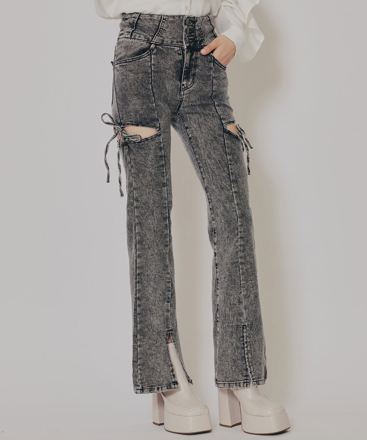 カットアウトリボンストレッチデニム