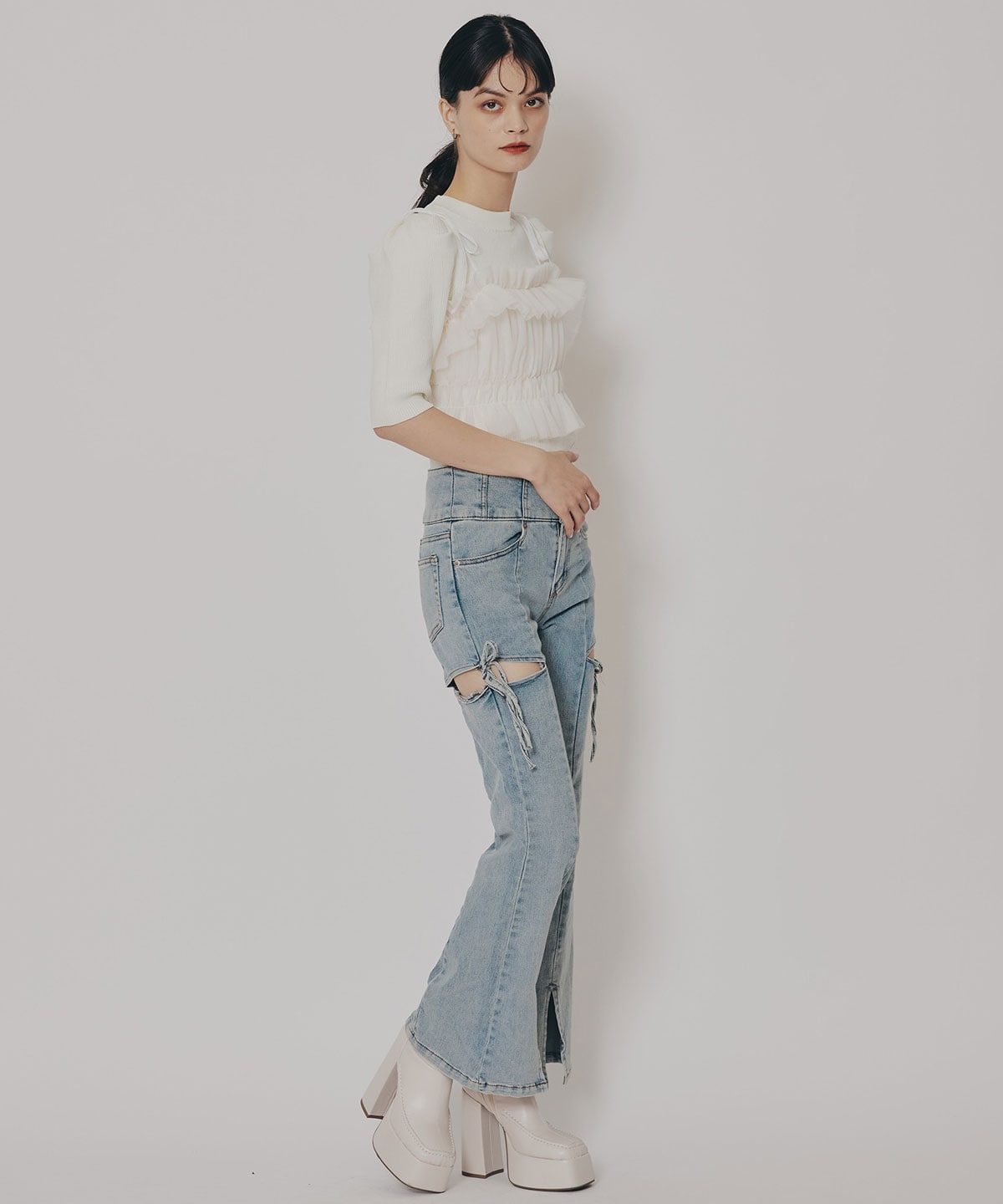 カットアウトリボンストレッチデニム