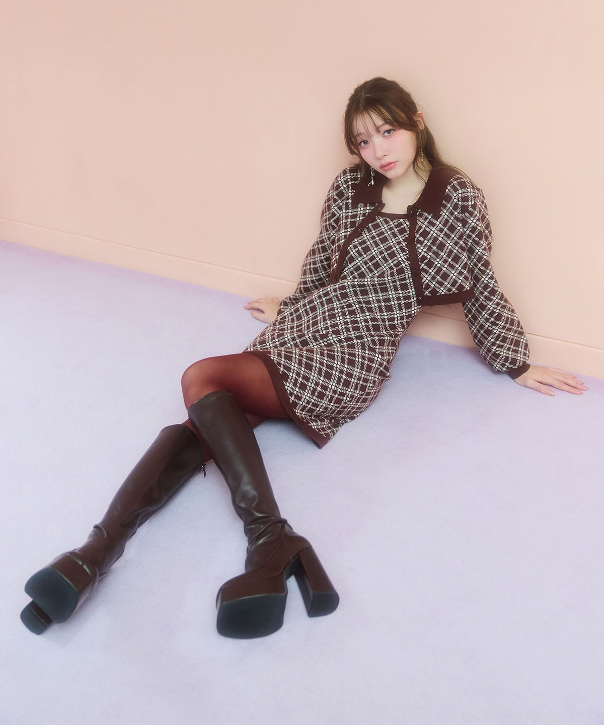 クラシカルニットカーディガン×キャミソールニットワンピースセットアップ